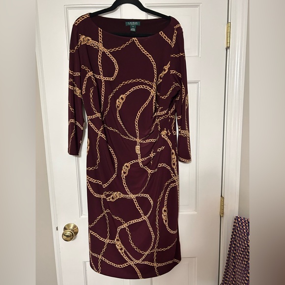 Ralph Lauren Burgundy Dress with Gold Chain Print - Picture 1 of 2